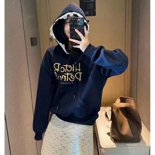 2024秋冬韓係新款洋氣寬鬆甜美字母印花蕾絲邊連帽加絨加厚衛衣女