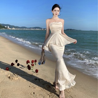 法式時尚套裝女高階感抹胸背心女夏季裹胸褶皺上衣收腰彈力半身裙