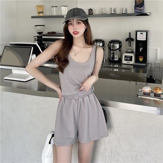 夏季新品 女裝 兩件套 背心 上衣 短褲 套裝 新款短款時尚健身運動背心吊帶休閒短褲跑步運動兩件套裝女夏