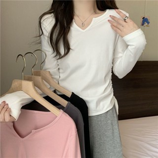 胖胖美依M-2XL 大碼女裝 長袖T卹 素色 新款長袖v領小眾高階感ins抽繩內搭休閒上衣-2252.