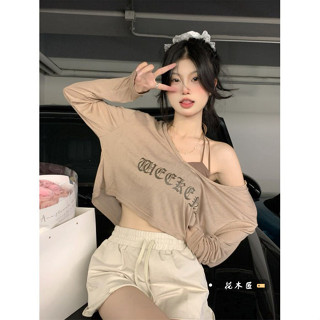 林林子の 吊帶背心+寬鬆短版女春夏季純欲辣妹長袖防曬罩衫設計感小眾上衣套裝