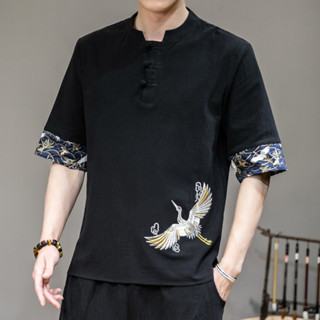 現貨 男士棉麻短袖t恤民族風立領盤扣中式仙鶴刺繡百搭亞麻五分袖t恤透氣排汗唐裝漢服太極服禪服居士服