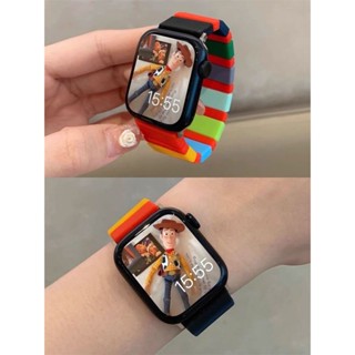 ✨臺灣發貨✨適用ApplewatchS10彈力彩虹拼接矽膠錶帶iWatch9運動87654321男女