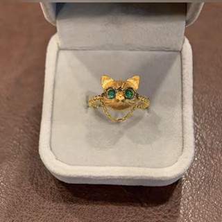 熱賣#時尚仿18K黃金貓咪戒指 個性精緻可愛眼睛貓頭鷹鏈條尾戒指環5ya