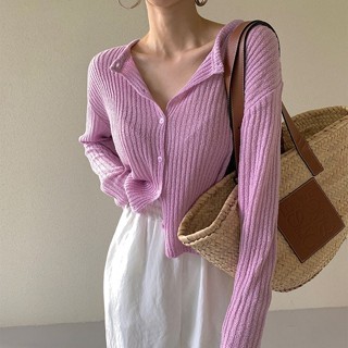 韓國ins 圓領針織長袖防曬冰絲開衫女百搭顯瘦薄款上衣