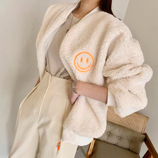 2024韓國秋冬季新款美式仿羊羔毛絨笑臉刺繡棒球服夾剋外套女