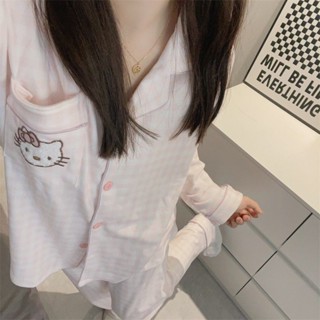 【有幸時光】韓版粉格HelloKitty德絨睡衣女 春秋冬季長袖長褲加絨加厚保暖家居服