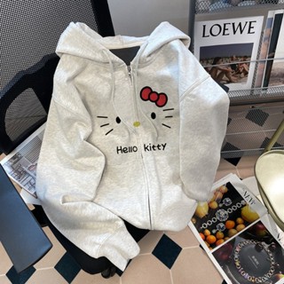 可愛 Hello Kitty 卡通印花女式開衫連帽衛衣秋季寬鬆休閒情侶長袖拉鍊上衣