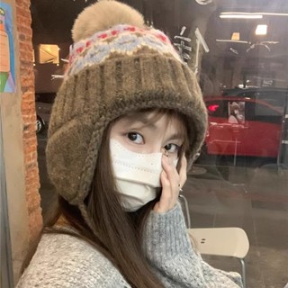 費爾島風加厚毛線帽 秋冬季復古百搭大頭圍保暖針織帽 護耳帽子 帽子女 可愛 冬季保暖防寒護耳帽 雷鋒帽 漁夫帽