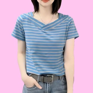 夏季女裝新款時尚休閒條紋短袖V領上衣T恤