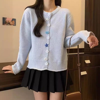 甜美奶藍色軟糯毛衣開衫女時尚韓版春季慵懶溫柔減齡針織外套上衣