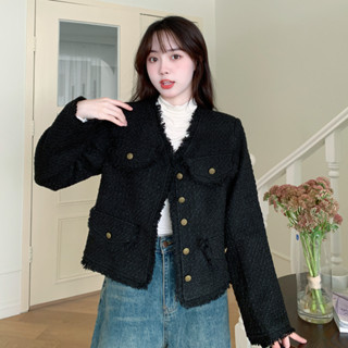 L-4XL 韓系復古黑色小香風外套女 高階感氣質夾克 加厚夾棉外套 中大尺碼女裝 梨形身材 寬鬆顯瘦外套