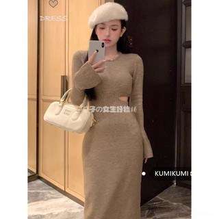 洋裝│2色2長度 小性感鏤空🫧彈力針織連身裙女 秋冬季氣質收腰顯瘦包臀裙洋裝 修身顯瘦長袖洋裝 純色針織連身短裙 長裙