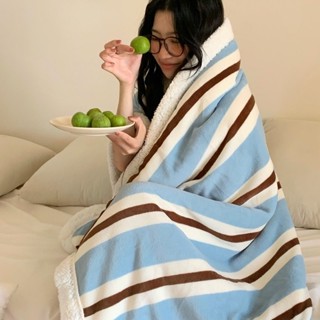 臺灣發貨-美式複古藍咖啡條紋超柔軟法蘭絨毯子 牛奶絨毛毯 羊羔絨毛毯 沙發毯子 經典條紋毛毯 毛巾被空調毯 單人雙人毛毯