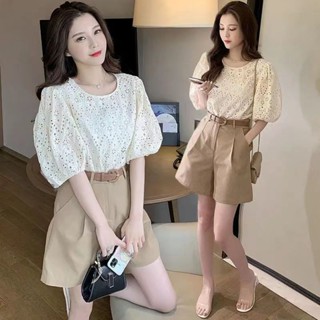 小個子洋氣減齡時尚套裝女夏季新款韓版鏤空上衣配寬版短褲兩件套