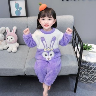 【臺灣-出貨】兒童睡衣 保暖衣女童法蘭絨睡衣秋冬季加厚保暖女孩寶寶兒童珊瑚絨甜美拼色家居服