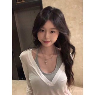 透膚罩衫 女生上衣 純欲風大V領防曬長袖罩衫T恤女夏季微透薄款辣妹上衣內搭吊帶背心