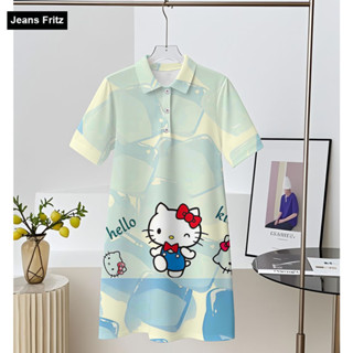 時尚高品質女式可愛漸變 HelloKitty 草莓海豚印花舒適日常加大碼連衣裙中長裙 Polo 裙 S-5XL