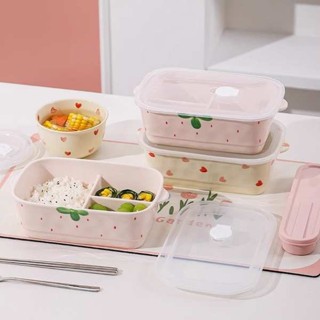 便攜微波飯盒 便當盒 tempat nasi 可愛陶瓷分隔飯盒可微波爐加熱專用帶蓋分格便當盒上班族帶飯餐盒