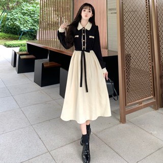 大量～大碼女裝秋冬法式赫本風連衣裙小香風氣質假兩件長裙