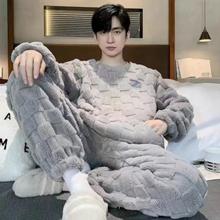 刷毛家居服男士睡衣冬天法蘭絨寬鬆[D1205]高檔男士睡衣冬季加厚珊瑚絨圓領款加大碼保暖法蘭絨家居服可外穿