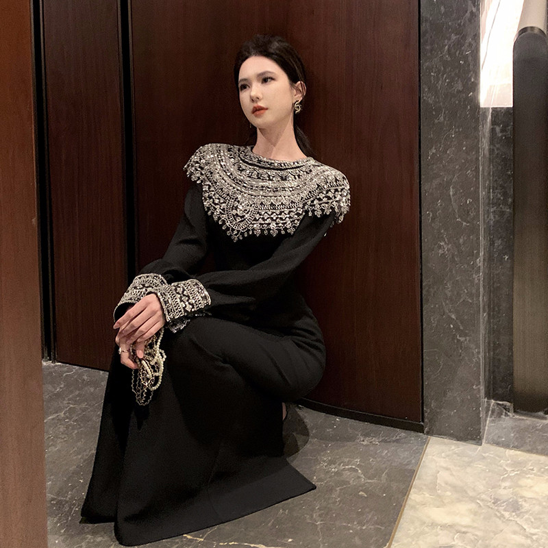 女裝氣質名族風重工釘鑽長袖聚會晚禮服連衣裙