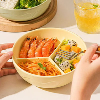 ins上班族可微波爐加熱三分格 餐碗陶瓷飯碗 食堂打飯 專用分隔飯盒 便當盒 帶蓋保鮮碗 圓形便當盒餐具
