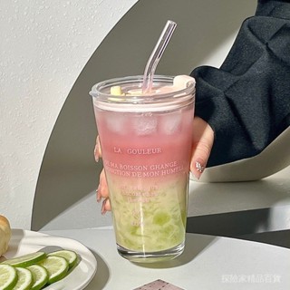 咖啡隨行杯 法式ins英文印花高顔值吸管水杯早餐杯子大容量咖啡杯玻璃杯帶蓋