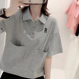 臺灣出貨 【店鋪熱銷】2025夏季新款短袖T恤女polo領大口袋韓版百搭寬鬆顯瘦時尚上衣潮限時下殺 012