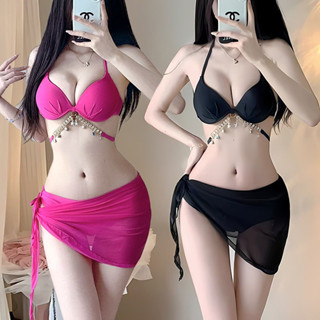 現貨丁字比基尼 黑色性感民族風性感比基尼 小胸集中爆乳三點式比基尼 加厚帶鋼圈鑽鏈比基尼度假溫泉三件式泳衣歐美 biki