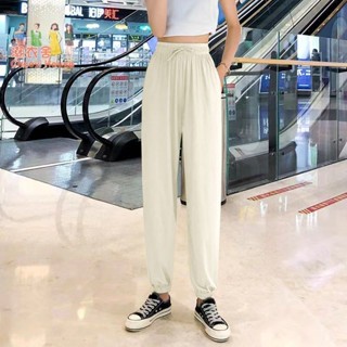 優品臺灣出貨冰絲哈倫運動褲女寬鬆束腳春夏秋季新款時尚顯瘦涼涼休閒褲女 韓系修身休閒百搭褲 夏天褲子YM