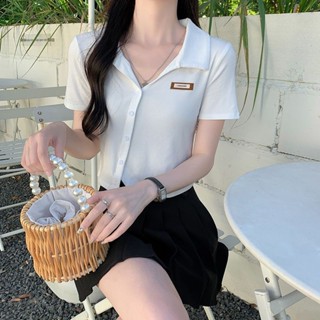衣時尚 短袖T卹 印花上衣 小衫 短款 原宿風 中大尺碼 S-3XL 新款polo領正肩不規則短款v領上衣-3923.