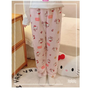 2025新年 秋冬可愛卡通蠟筆小新凱蒂貓Hello Kitty睡褲女長褲 保暖珊瑚絨法蘭絨休閒家居褲子