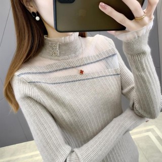 👚長袖、保暖內搭衫👚半高領打底衫蕾絲毛衣女套頭 2025鞦鼕新款修身內搭針織衫外穿上衣保暖打底內衣、