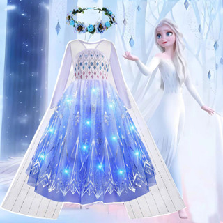 萬聖節嘉年華冰雪奇緣小女孩公主裙雪之女王夢幻角色扮演白色連衣裙艾爾莎 LED 燈條服裝