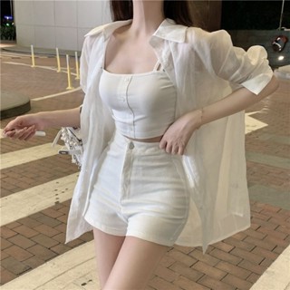 芊芊優選 白色襯衫防曬外套 薄款透感長袖防曬套裝 夏季女生套裝 百搭吊帶上衣+短褲+防曬外套 短褲套裝 三件式套裝