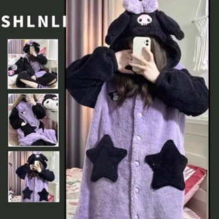 秋冬女裝可愛 Kuromi 珊瑚絨睡袍卡通法蘭絨睡衣萬聖節角色扮演