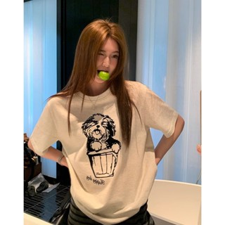 【全網最低價】 夏日清新 韓系大學t 嚴選美式復古卡通趣味白色短袖T恤女寬鬆大碼設計感可愛狗狗半袖上衣創新寬鬆 T恤