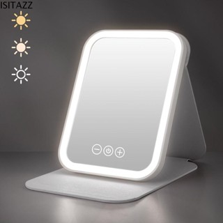 Isita 旅行化妝鏡,可折疊 3 色照明模式 LED 燈桌面鏡,USB 可充電 PU 皮革便攜式可調光觸摸屏梳妝鏡女士