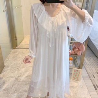 感蕾絲睡衣女網紗宮廷白色長袖睡裙長裙女蕾絲睡衣女網紗宮廷白色長袖睡衣長裙