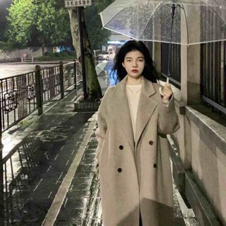 韓版休閒冬季羊毛大衣 長款毛呢大衣 簡約大衣 中長款外套 寬鬆氣質雙排扣時尚氣質外套 雙面羊毛大衣【65%】