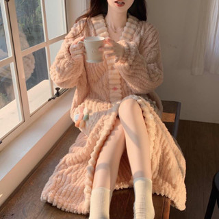 《現貨下單》長款睡袍女士秋冬季珊瑚絨睡衣刷毛加厚2024新款法蘭絨家居服套裝