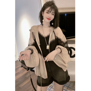 現貨速發#韓版上有 女生著裝防曬服夏季韓版時尚潮流寬鬆顯瘦蕾絲拼接連帽上衣長袖上衣
