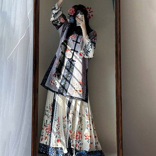 2 件裝傳統漢服連衣裙女士優雅馬臉百褶裙文化服裝套裝帶刺繡復古唐朝風格均碼