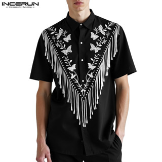 INCERUN 男士時尚立式項鍊刺繡拼接寬鬆短袖襯衫