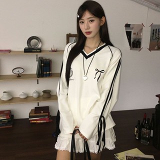 宋正恩白色蝴蝶結V領長袖t恤女秋季條紋寬鬆印花設計感打底衫上衣