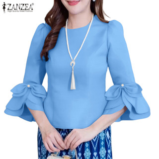 ZANZEA 女式韓版時尚純色休閒圓領 3/4 袖雙荷葉邊襯衫上衣
