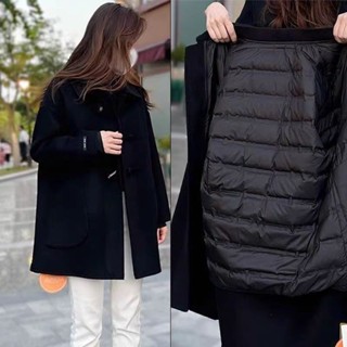 2025春裝新款可拆卸羽絨內膽白鴨絨雙麵毛呢外套小個子呢子大衣女