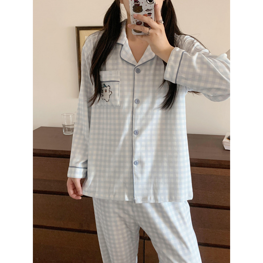 [現貨]小雪熊保暖德絨睡衣女 冬季韓版居家服 可愛卡通格紋居家服兩件套 自發熱雙面德絨 甜美大尺碼家居服