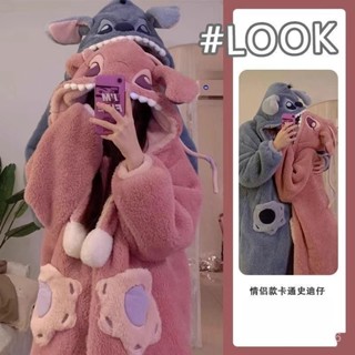 專櫃品質💯冬季加厚長毛絨卡通史迪仔連帽情侶睡衣法蘭絨男女家居服套裝學生 2RW9